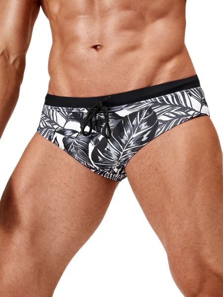 

men tropical print drawstring waist swim brief s64m#