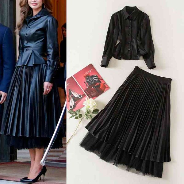 

women's two piece pants early spring street women's lantern sleeve black shirt lace splicing crimp skirt two-piece set, White