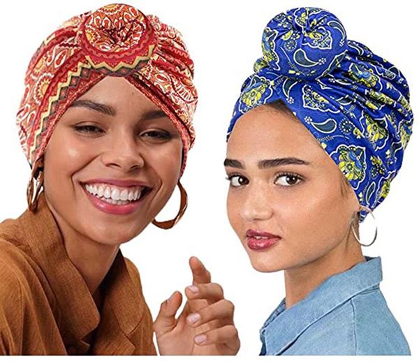 Abbigliamento etnico Modello africano Avvolgimenti per capelli Nodo Turbante Boho Sciarpa a fiori Paisley Cappelli a cuffia pre-annodati Cappellini per capelli