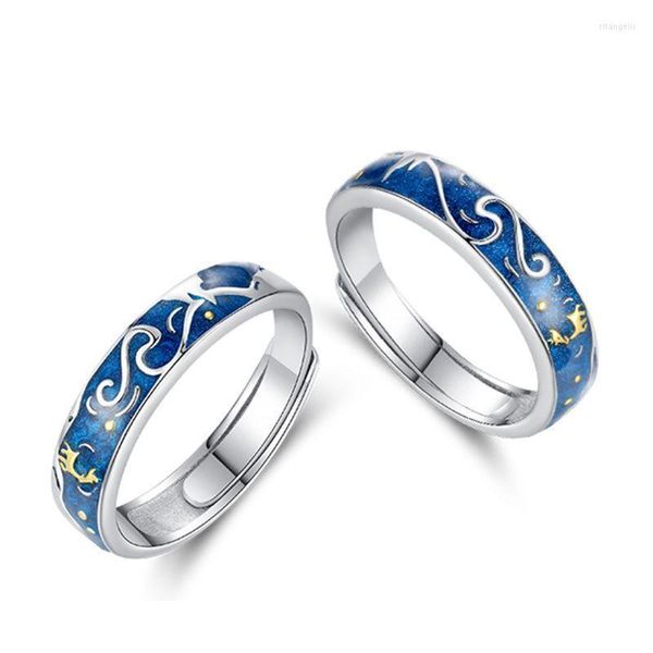 Anéis de casamento 2pcs veado estrelado céu casal anel azul noite ajustável bandas para homens homens Valentine Jewelry Giftding Rita22