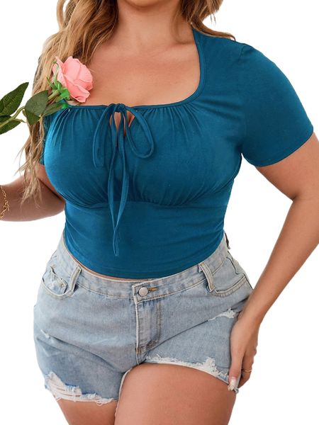 

plus tie front scoop neck tee v86q#, Black