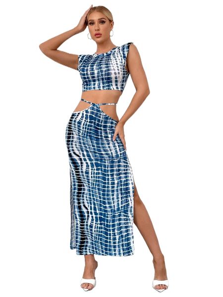 

tie dye shoulder pad crop & split thigh skirt j2ic#, White