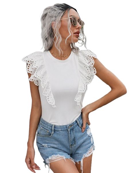 

eyelet embroidery layered ruffle trim tee l78i#, White