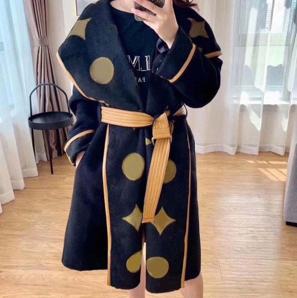 

autumn winter designer womens wool blends outerwaer trendy fashion classic letter pattern women coats bathrobe style asian size s m l e5ed#, Black