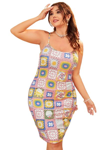 

plus patchwork & floral print cami dress o5to#, Black