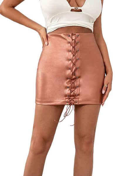 

d&m lace up front pu leather bodycon skirt u479#, Black