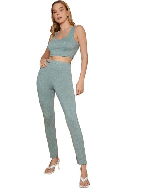 

solid scoop neck crop & split hem leggings set e3bf#, White