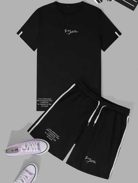 

men slogan graphic tee & side stripe tape shorts w7l3#, Gray