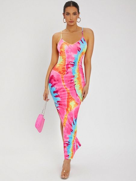 

sxy tie dye crisscross backless split thigh dress u2zg#, Black;gray