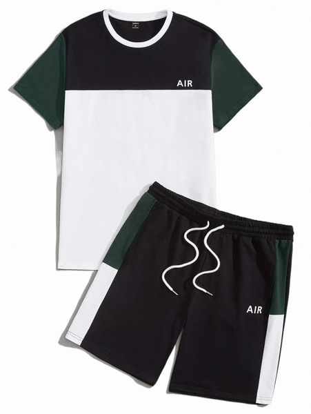 

men letter graphic colorblock tee & track shorts set i3p6#, Gray