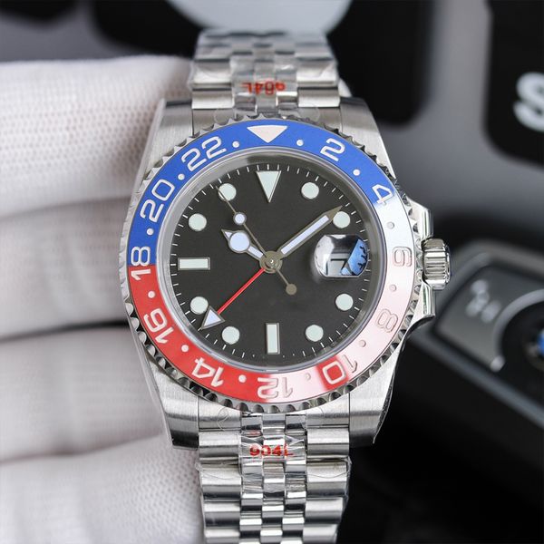 

watches 40mm automatic mechanical watch full stainless steel sliding clasp red blue ceramic sapphire gmt wristwatches super luminous montre, Slivery;black