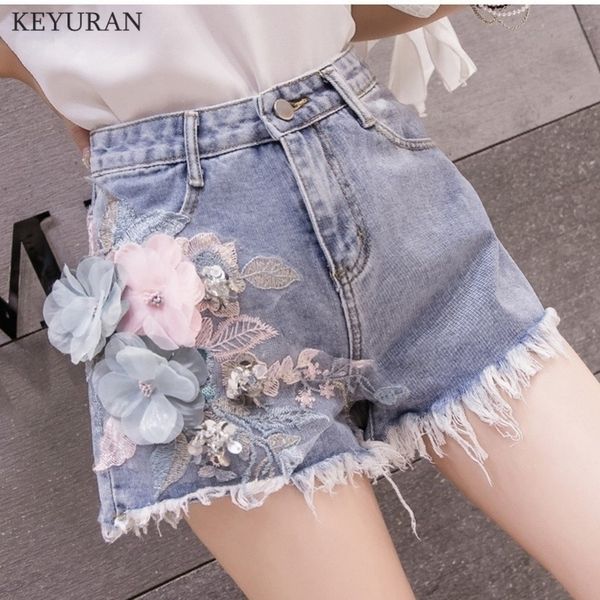 

3d flower sequins slim summer trendy casual shorts denim floral embroidered pattern short washed street jeans shorts female 3142 y200822, White;black