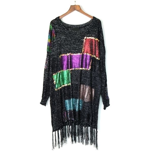 

tassel hem knitted sweater vintage sequin elegant korea fashion autumn patchwork minority style sweater 201225, White;black
