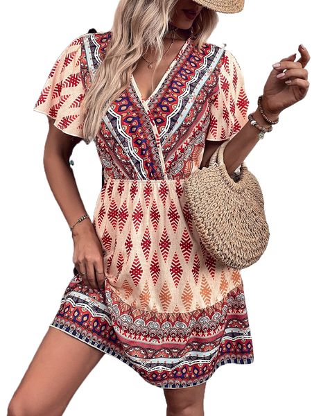 

geo overlap neck flutter sleeve ruffle hem dress 33tl#, Black;gray