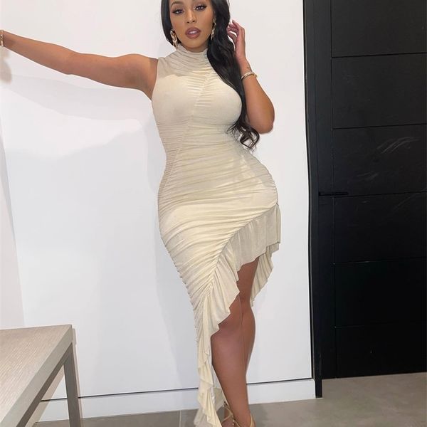 

cm.yaya women high side split irregular ruffles hem ruched sleeveless bodycon midi high low turtlenck long maxi dress 220516, Black;gray