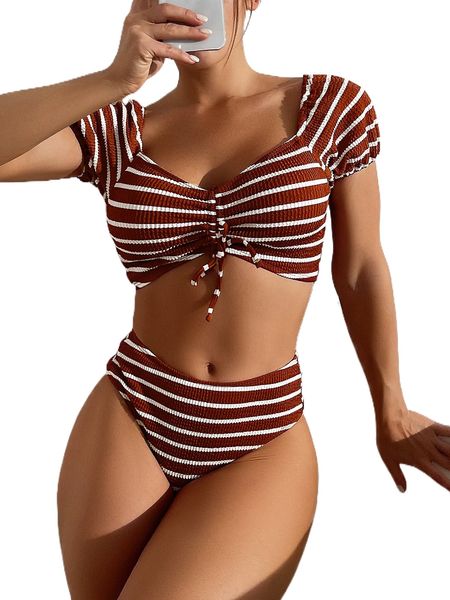 

striped drawstring bikini swimsuit q5ug#, White;black