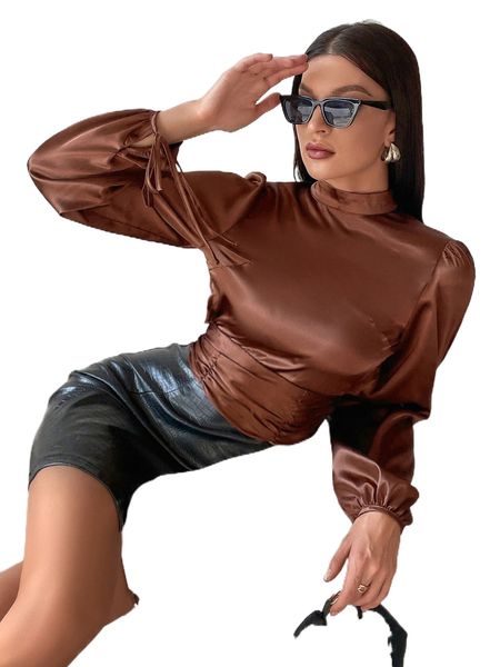 

knot cuff ruffle trim tie back mock neck blouse q6f2#, White