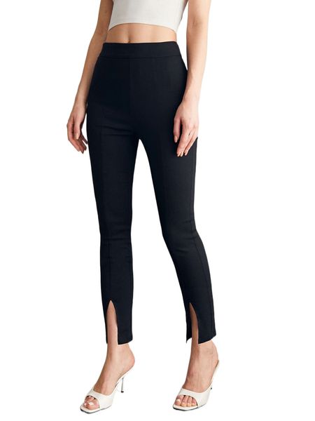 

slit hem solid pants u0mc#, Black;white