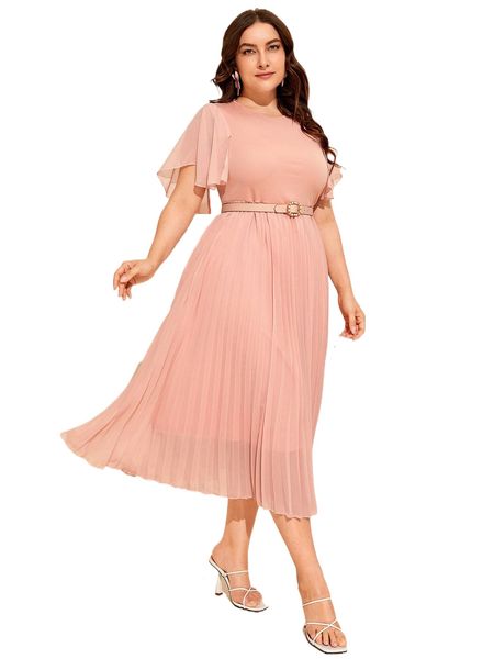 

plus butterfly sleeve pleated hem dress without belt o54m#, Black