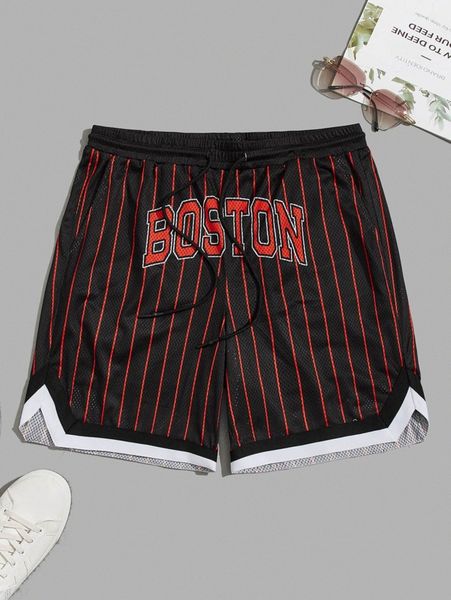 

men letter and striped print drawstring waist tape trim shorts 64ey#, White;black