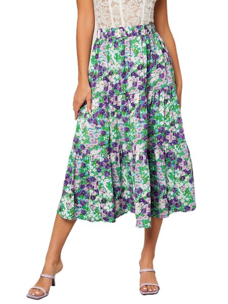 

allover floral print ruffle hem skirt a4fy#, Black