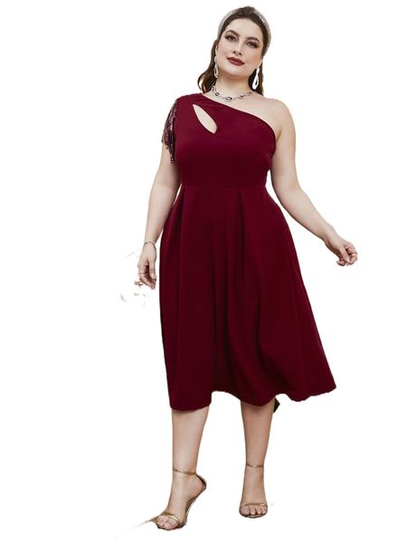 

plus sequin fringe trim cut out one shoulder dress m4bc#, Black