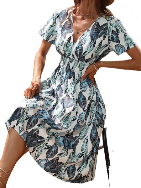 

tropical print surplice neck shirred waist dress t98t#, Black;gray