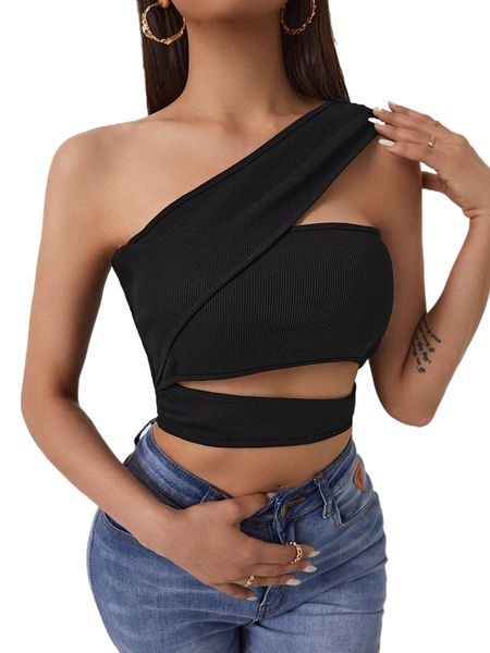 

sxy solid cutout one shoulder crop 66rq#, White