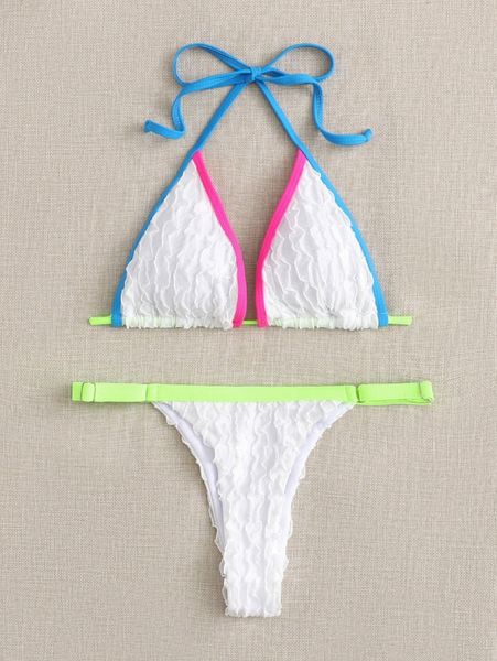 

binding trim halter triangle bikini swimsuit x32r#, White;black