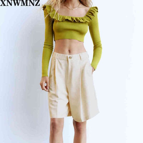 

xnwmnz za spring autumn vintage knit sweater with ruffle trim cropped round ruffled neckline long sleeves female chic 210513, White;black