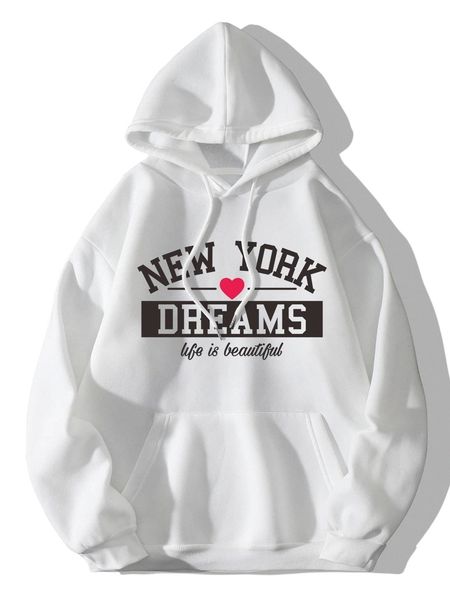 

heart & letter graphic drawstring kangaroo pocket hoodie 57cn#, Black