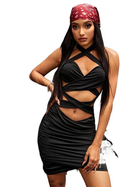 

criss cross backless halter dress l8gj#, Black;gray