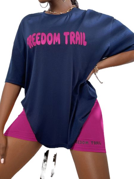 

letter graphic drop shoulder tee & biker shorts b49f#, White