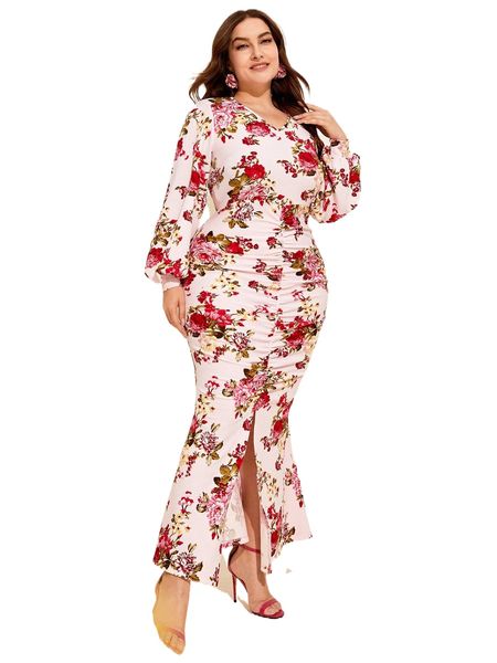 

plus floral print lantern sleeve ruched slit hem dress p7sc#, Black
