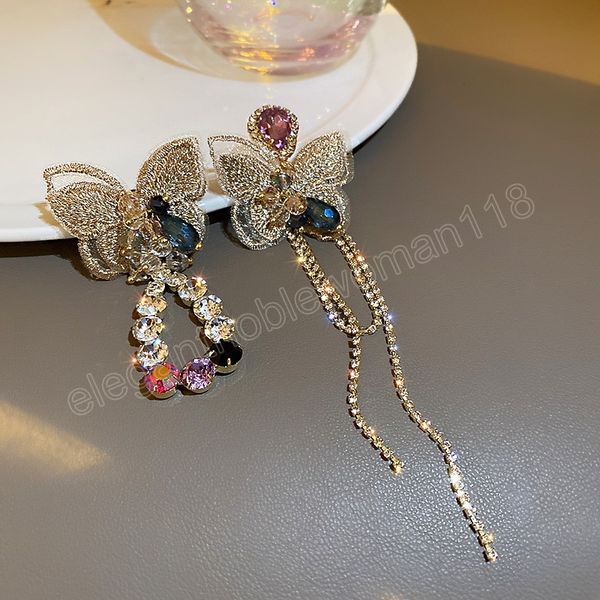 

korean fashion asymmetric inlaid purple crystal butterfly earrings exquisite simple dangle earrings gifts, Silver