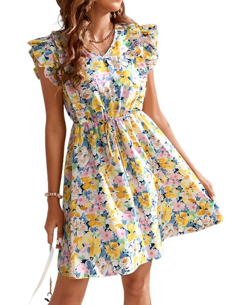 

floral print knot front ruffle trim a-line dress q5yp#, Black;gray