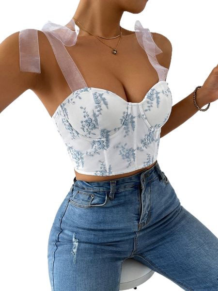 

floral embroidery knot shoulder lace up crop w1kr#, White