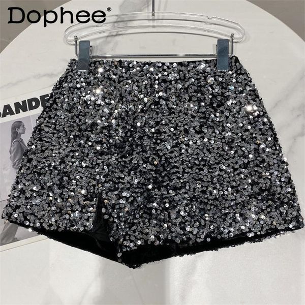 

spring and autumn black velvet shorts women sequined shiny versatile short pants clubwear high street 220629, White;black