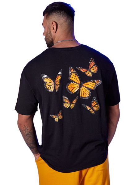 

extended sizes men butterfly print drop shoulder tee 16mm#, White;black