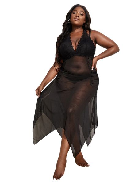 

plus mesh contrast lace asymmetrical hem dress with thong y3db#, Black;white