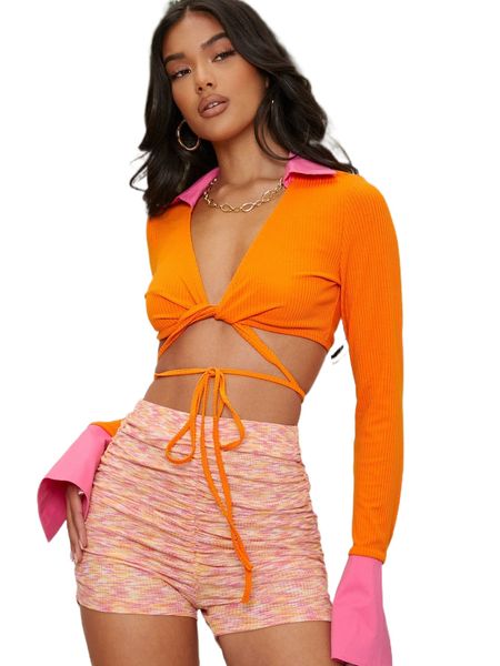 

neon orange twist tie front colorblock crop t3fp#, White