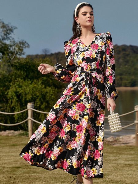 

allover floral print lantern sleeve belted dress d78g#, Black;gray