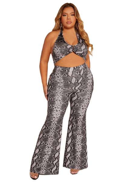 

sxy plus snakeskin print crop halter & flare leg pants i8mu#, Black