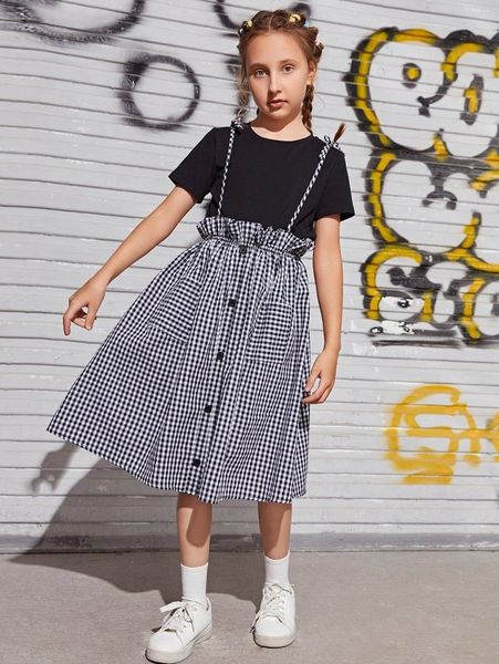 

girls solid with gingham print paperbag waist suspender skirt she, White
