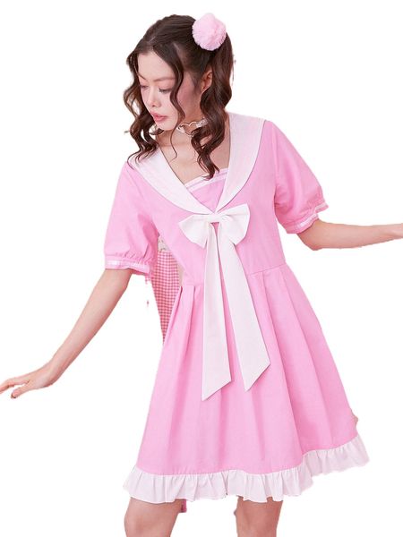 

kawaii sailor collar fold pleated ruffle hem dress i9cv#, Black;gray