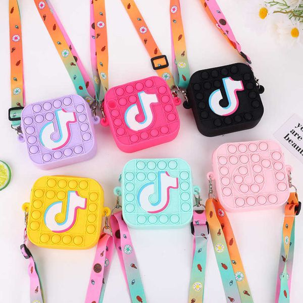 

2022 tik tok fidget toys kids silica gel messenger bag multipurpose cartoon patterns single-shoulder bag for children small purse, Black