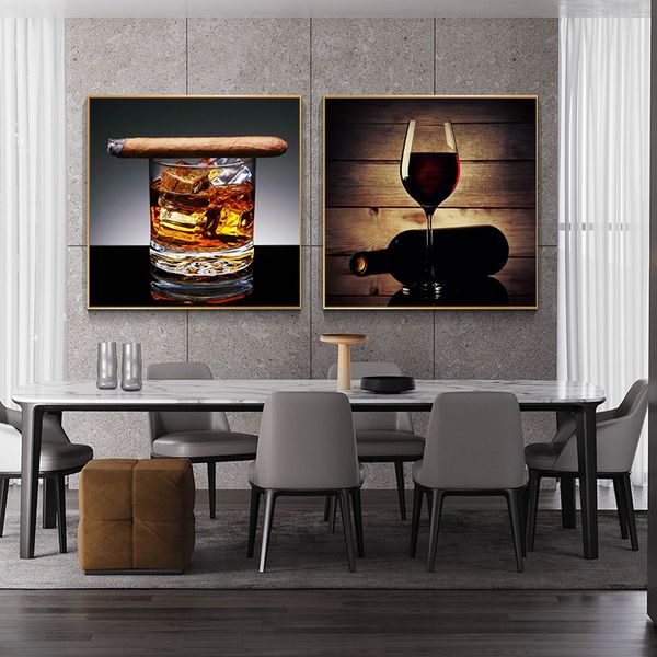 Современные стены на стену холст принты для кухонной комнаты Сигара и виски плакаты на стенах и принты красные винные настенные рисунки Cuadros decor