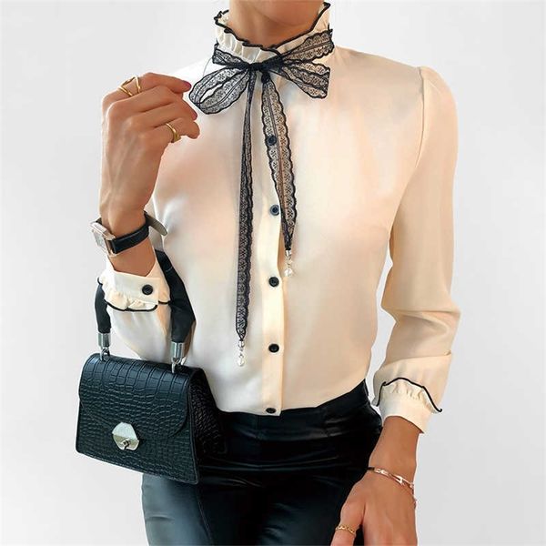 

women fashion shirt lady long sleeve blouse tied mock neck button design casual shirts 210716, White