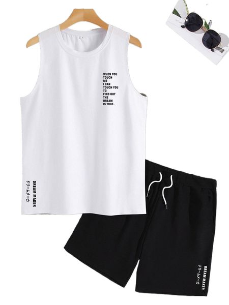 

men slogan graphic tank & shorts s3v2#, Gray