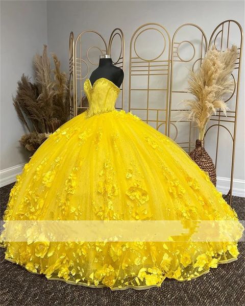 Giallo Principessa Abito Quinceanera 2022 Paillettes Appliques Festa di Compleanno Dolce 16 Abito Abiti da 15 Aos Corsetto Stile Lace-Up 322